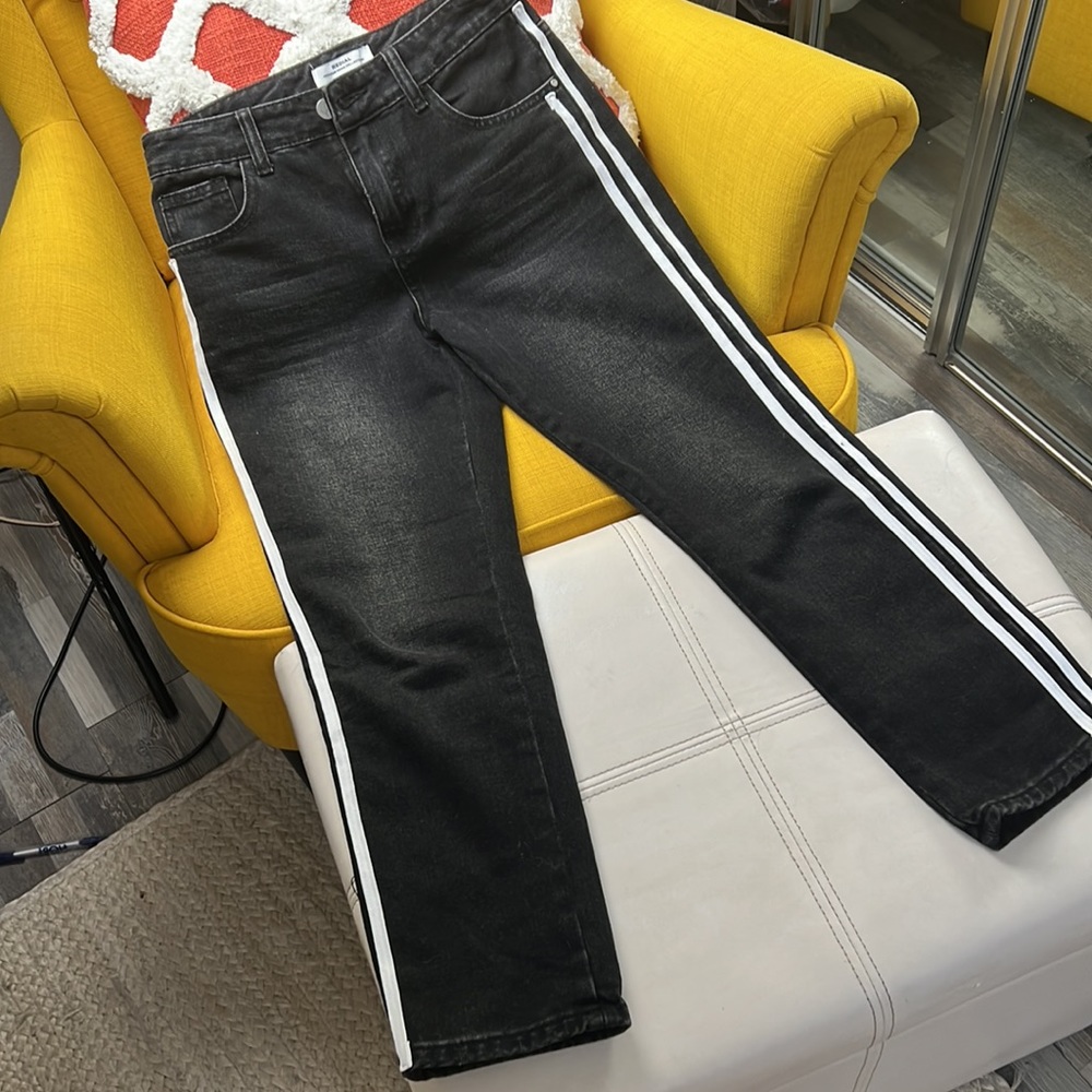 Redial Skinny Jeans black high waisted side white stripes ankle premium denim